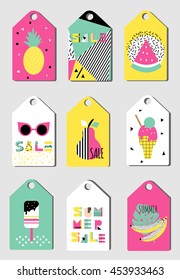 Summer sale tags set. Sticker in Retro design. 80s - 90s fashion. Labels with ice cream, sun glasses, pear, banana. Hand drawn font. Lettering quote. Scandinavian collection of special offer tags