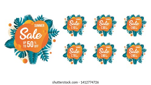 Summer Sale tags set vector badges template, 10 , 20 , 90, 80, 30, 40, 50, 60, 70 percent sale label symbols, discount promotion flat icon with long shadow