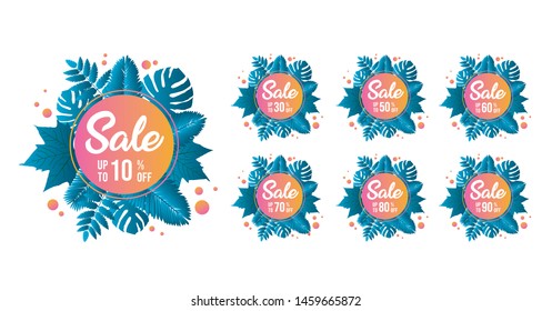 Summer Sale tags set vector badges template, 10 , 20 , 90, 80, 30, 40, 50, 60, 70 percent sale label symbols, discount promotion flat icon with long shadow