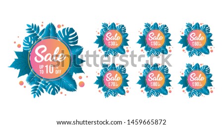 Summer Sale tags set vector badges template, 10 , 20 , 90, 80, 30, 40, 50, 60, 70 percent sale label symbols, discount promotion flat icon with long shadow