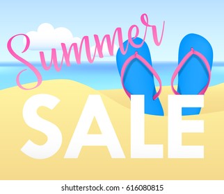 Summer sale tamplate design banner. Illustration with flip flops and beach. Vector background