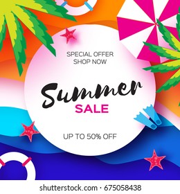 Summer Sale Template banner. Beach rest. Summer vacantion. Top view on colorful beach elements. Square frame with space for text. Paper art style. Vector