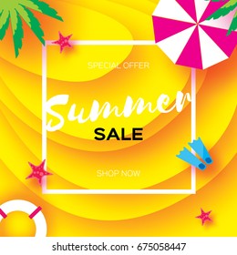 Summer Sale Template banner. Beach rest. Summer vacantion. Top view on colorful beach elements. Square frame with space for text. Paper art style. Vector