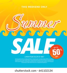 Summer sale template banner in bright colors, vector illustration