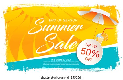 Summer sale template banner in bright colors, vector illustration