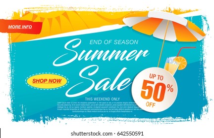 Summer sale template banner in bright colors, vector illustration