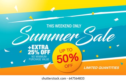 Summer sale template banner in bright colors, vector illustration