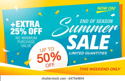 Summer sale template banner in bright colors, vector illustration