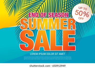 Summer sale template banner in bright colors, vector illustration