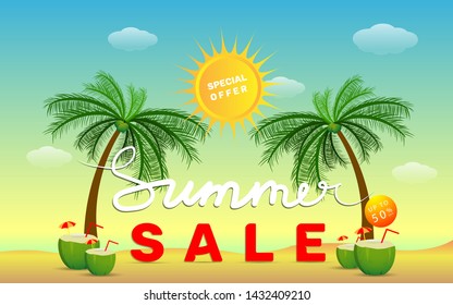 Summer sale template banner with coconut tree, sun and up to 50 % off text