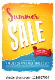 Summer Sale Template Banner/
Illustration of a summer sale template banner with colorul elements, typography and grunge frame