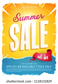 Summer Sale Template Banner/
Illustration of a summer sale template banner with colorul elements, typography and grunge frame