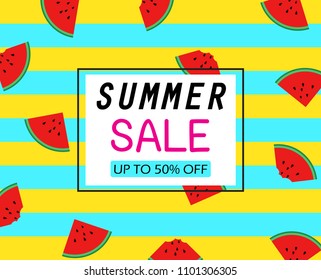Summer sale template banner on slice watermelons pattern 