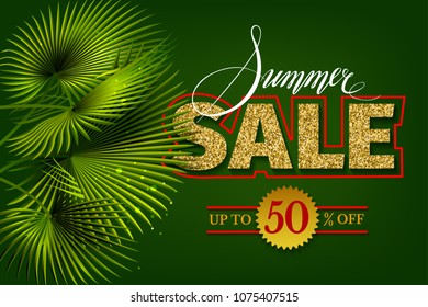  Summer sale template banner with palm leaves and handwriting lettering. Background for banner, poster, flyer, postcard 