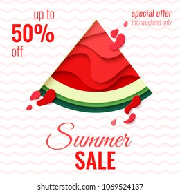 Summer Sale template banner. Paper cut watermelon vector background. Bright paper craft poster.