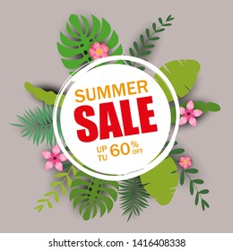 Summer sale template banner, poster with palm leaves, jungle leaf. Floral tropical summer background. Vector illustration template