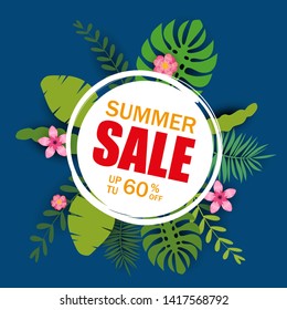 Summer sale template banner, poster with palm leaves, jungle leaf. Floral tropical summer background. Vector illustration template