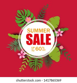 Summer sale template banner, poster with palm leaves, jungle leaf. Floral tropical summer background. Vector illustration template