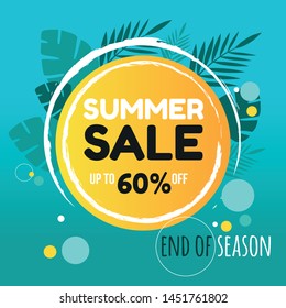 Summer sale template banner, poster with palm leaves, jungle leaf. Floral tropical summer background. Vector illustration template