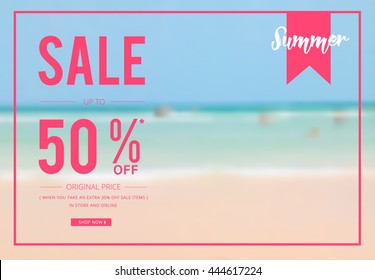 Summer sale template, banner, poster designed with beach background photo illustration EPS 10. For your sale promotion, ad, poster, flier, blog, article ; in social media, and other marketing.