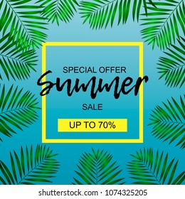 Summer Sale template banner. Space for text. Yellow frame. Colorful jungle background.