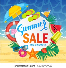 Summer sale template banner.  Vector illustration with special discount offer. Promo web banner template for summer sale. Top view on Summer decoration with realistic objects on beach.