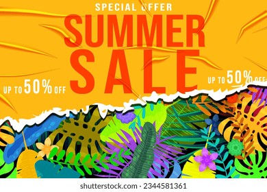 Summer Sale Template banner. Yellow sticker with wrinckles
