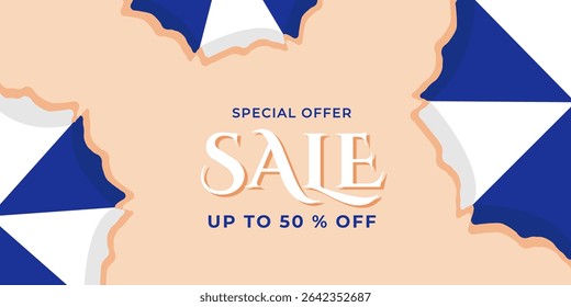 Summer Sale Template with Beach Umbrella, Cute Modern Typography in Flat Style. Modern Concept Travel Holiday Abstract Background. Summer Vector Illustration.