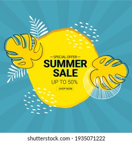 Summer sale template. A big yellow sun with tropical leaves. Special offer up to 50 percent.