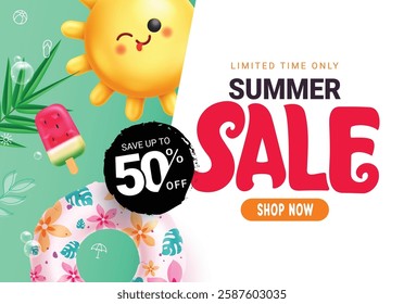 Summer sale template clipart poster design. Summer sale limited time offer in green and white background with cute sun, inflatable floaters and popsicle elements clip art vector illustration.