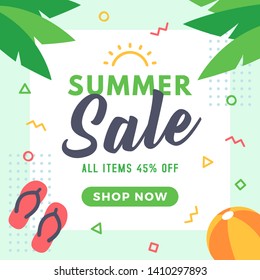 Summer Sale Template with Coconut Tree Leaves, Sandals, Volley Ball Background