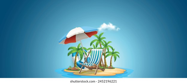 summer sale template. Composition of blue glass board with cute beach. Concept of island vacation. Summer holiday beach vacation concept banner, poster, festoon. Chairs on the sandy beach near the sea