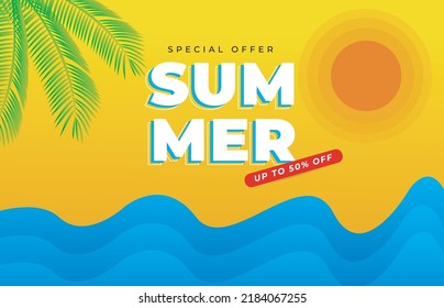 Summer sale template, composition of  sun, coconut leaf and cool surf beach