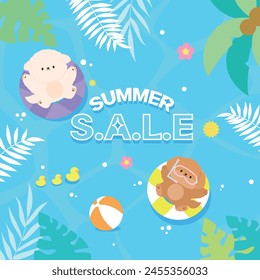 Summer sale template with cute puppies swimming in tubes