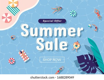 Summer sale template design, Top view on beach, swimmer, tube, tropical leaves