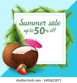 Summer sale, template for discount banner in the form of a sheet of paper decorated with palm leaves with strawberry cocktail in coconut