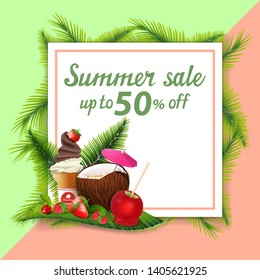 Summer sale, template for discount banner in the form of a sheet of paper decorated with palm leaves with coconut cocktail, strawberry, raspberry, cherry and ice cream on palm leaf