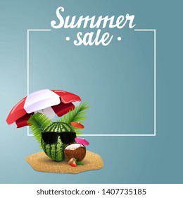 Summer sale, template for discount banner with watermelon in glasses under a beach umbrella