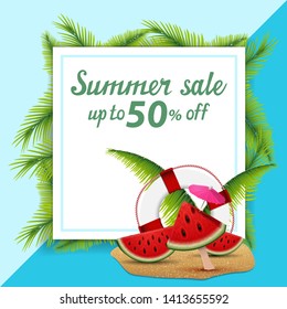 Summer sale, template for discount banner in the form of a sheet of paper decorated palm leaves with watermelon slices, palm leaves and lifeline