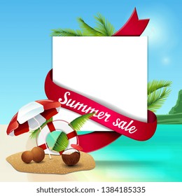 Summer sale, template for discount web banner with space for text, coconut cocktail, beach umbrella and lifeline