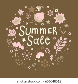 Summer sale template with flowers, leaves, beetles and abstract hand drawn elements. Useful for advertising, graphic design, invitations, cards and posters.