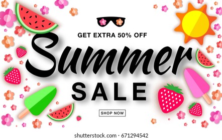 Summer sale template horizontal flat banner, hand drawn typographic lettering on white background with flat paper sun, watermelon, ice cream, strawberry, flower, vector summer design elements.