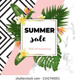 Summer sale template with marble and pink background and tropic leaves and flowers