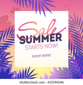 Summer Sale template poster, vector illustration. Summer party poster with palm leaf and lettering hello summer. Summer Sale poster design for print or web. Sale poster template.Sale summer background