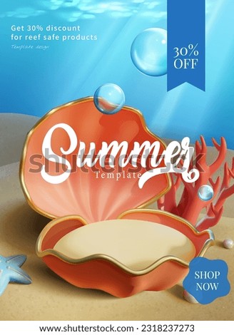 Summer sale template of serene undersea scene with sunlight shine through water. Seashell display pedestal on seabed surrounded by starfish, pearls, and coral reef.