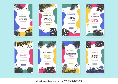 Summer sale template for  stories Mockups vertical design with discount prices for seasonal online shopping with tropical leaves frames Collection layouts for insta story at social network