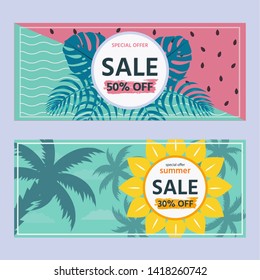 Summer sale template two banners with tropical leaves in bright colors. Vector illustration for e-commerce, on-line cosmetics shop, fashion & beauty shop, store. 