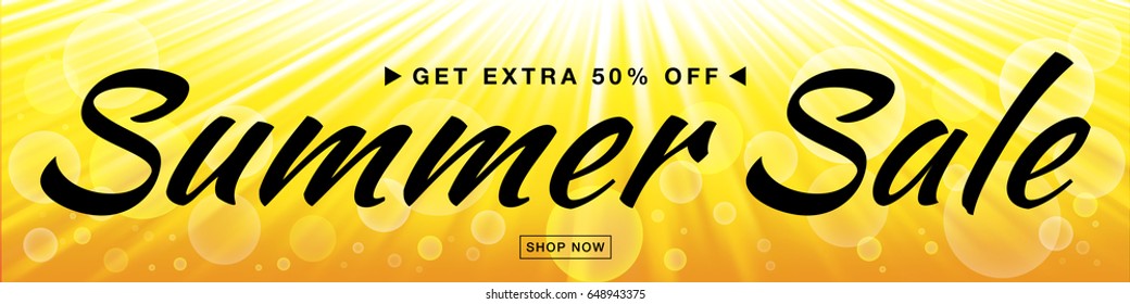 Summer sale template vector banner with sun rays.  Glow horizontal sunlight yellow background. Sunshine glare heat with flash rays and bubbles backdrop. Campaign sale 50% off.
