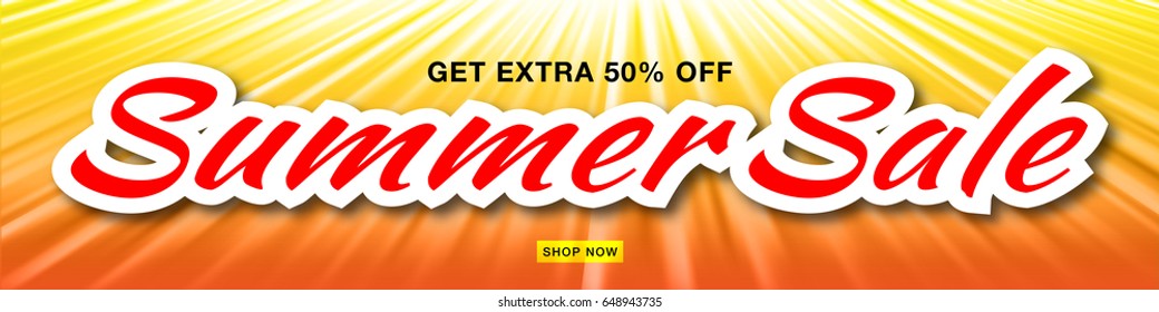 Summer sale template vector banner with sun rays.  Glow horizontal sunlight orange background. Sunshine glare heat with flash rays and bubbles backdrop. Campaign sale 50% off.
