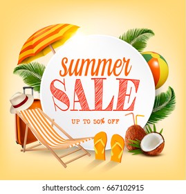 Summer Sale Template Vector Banner With Colorful Beach Elements. Design For Promotion.